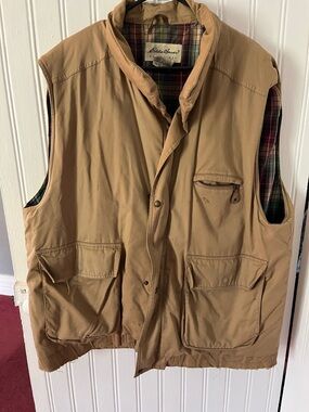 Eddie Bauer Tan Quilted Plaid-Lined Work Vest
